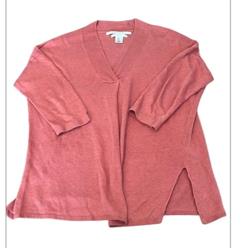 Max Studio szL peachy orangey color 100% linen LS V neck lightweight sweater EUC